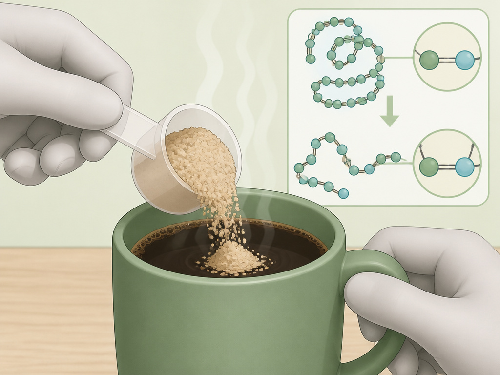 Protein powder being added to hot coffee with a denaturation diagram.