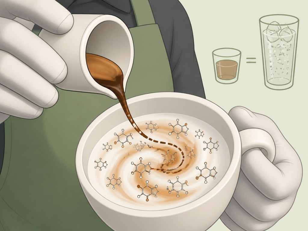 Cartoon of espresso mixing with milk, caffeine molecules dispersed in cappuccino.