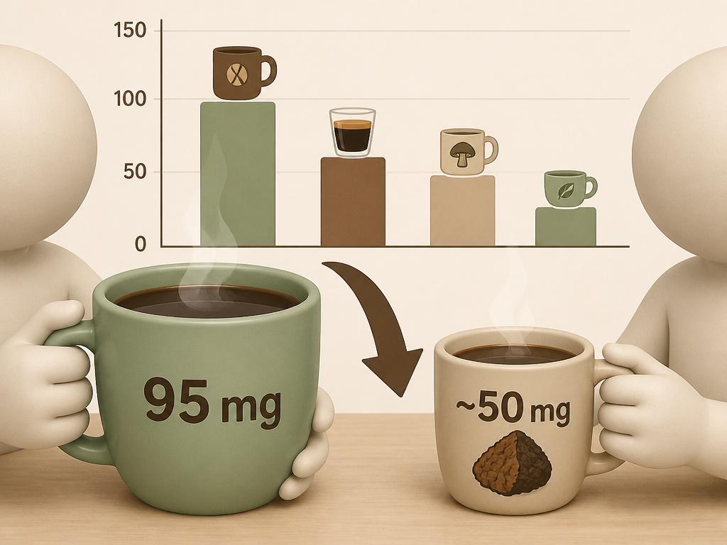 Cartoon diagram comparing caffeine content in mushroom coffee versus regular coffee