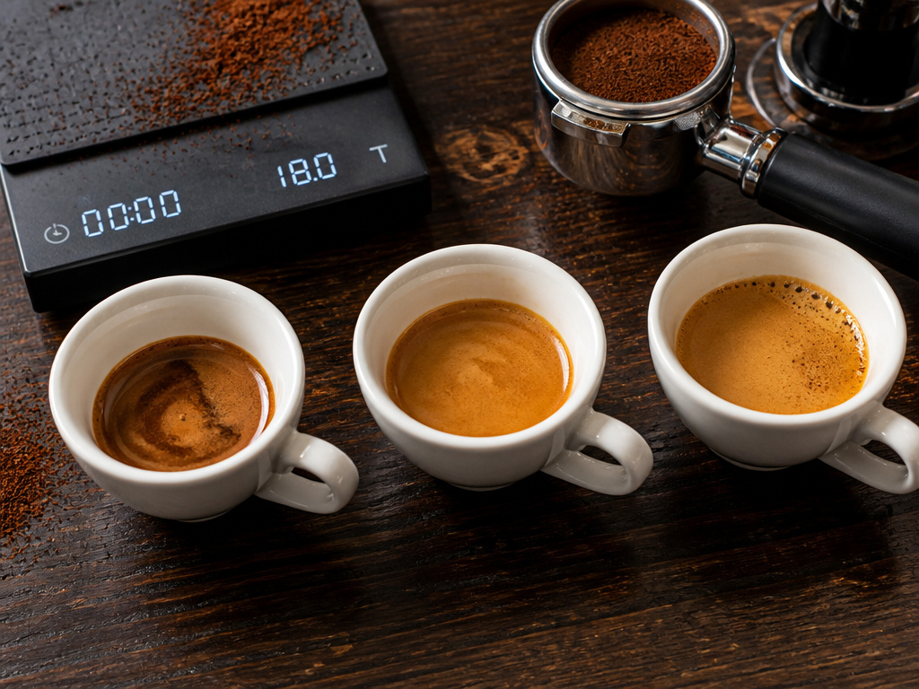 Three variations of double espresso: ristretto, standard, and lungo compared in cups.