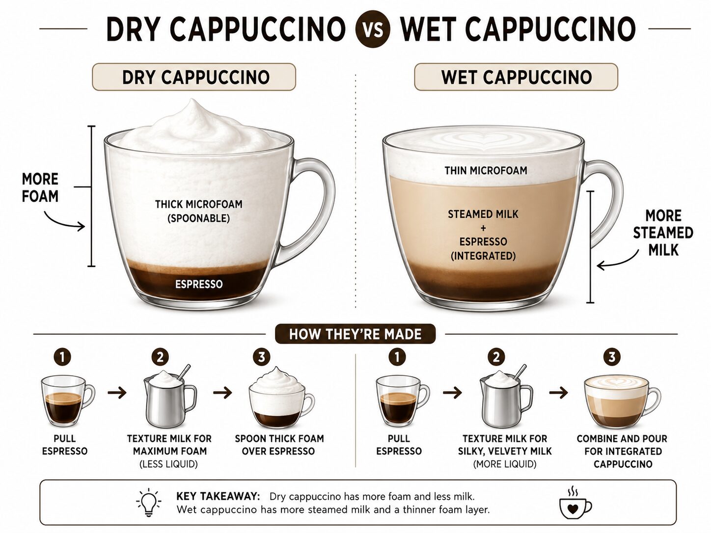 Diagram comparing dry cappuccino foam versus wet cappuccino milk ratios.