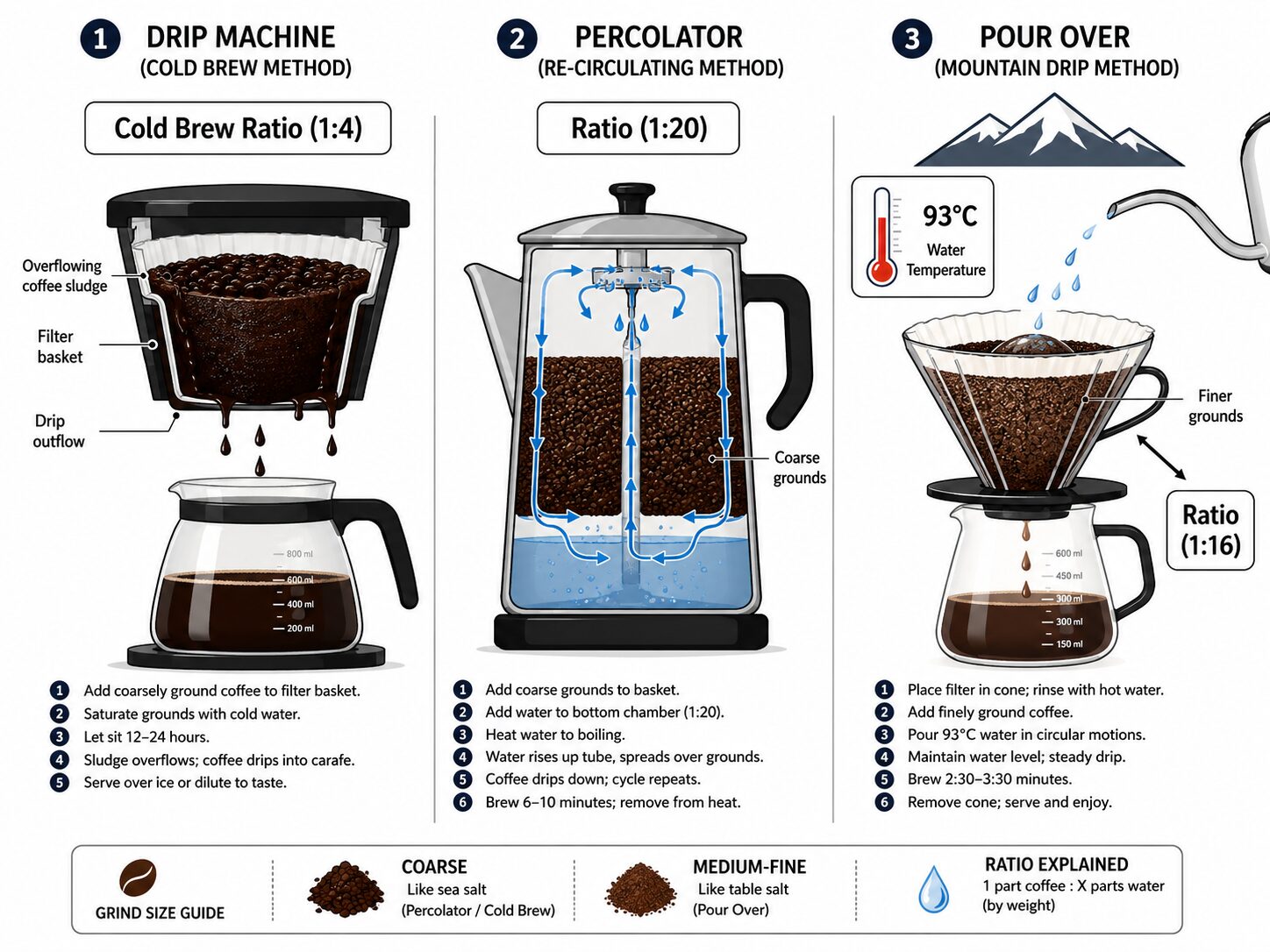 Diagram comparing coffee brewing ratios for drip, cold brew, and percolator.