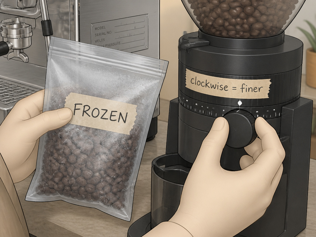 Barista adjusting grinder with frozen beans and voltage spec plate for espresso troubleshooting.