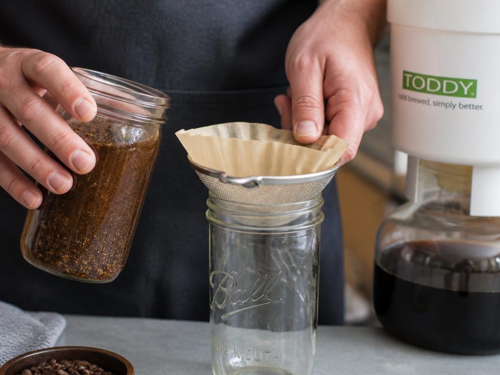 Hands preparing cold brew coffee concentrate using jar and dedicated system equipment.