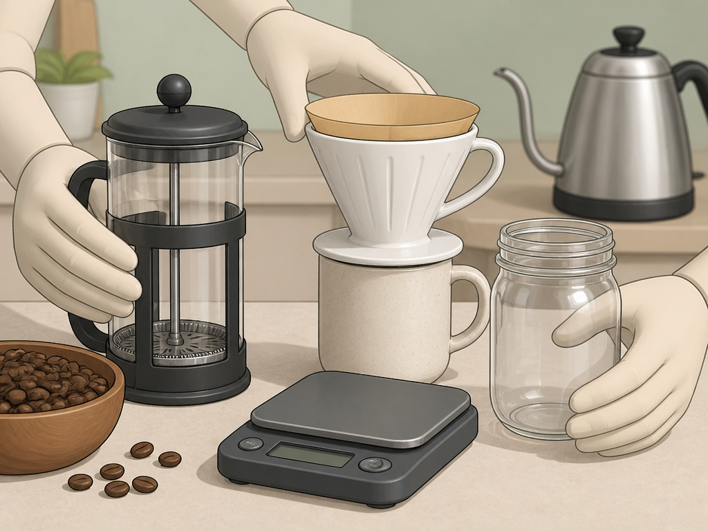 Kitchen tools for making iced coffee without a machine: French press, pour-over, mason jar, scale.
