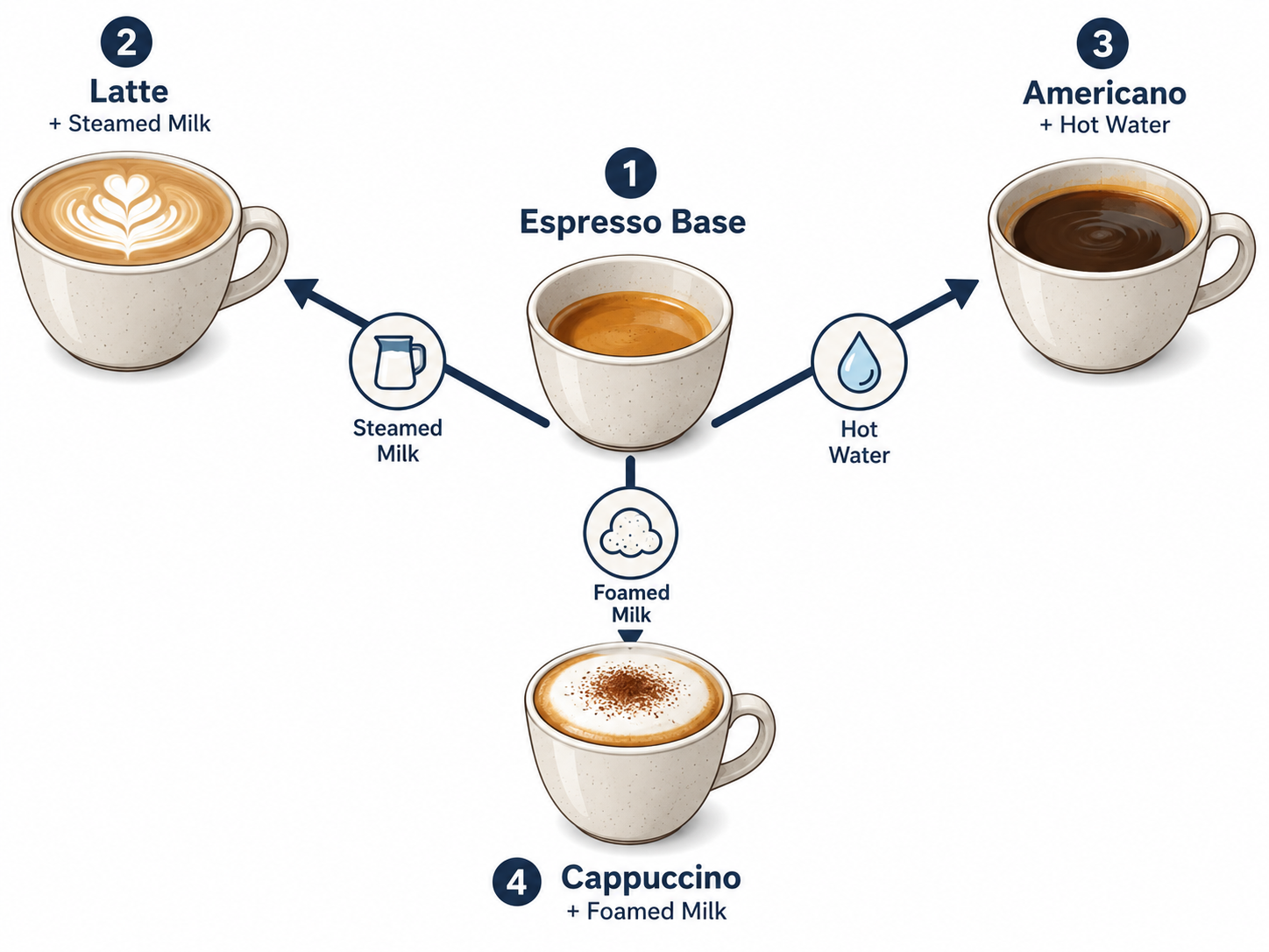 Diagram showing espresso as a base for lattes, cappuccinos, and americanos