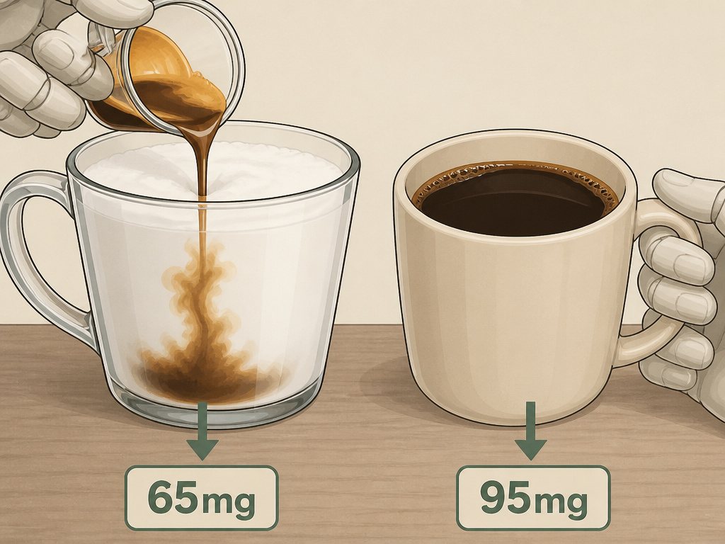 Diagram comparing caffeine content in a large latte versus a mug of black drip coffee.