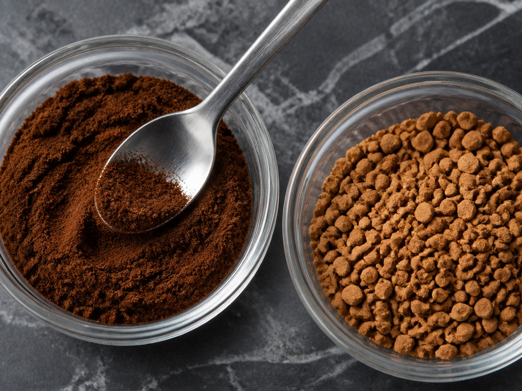 Close-up comparison of fine espresso powder versus granular instant coffee crystals.