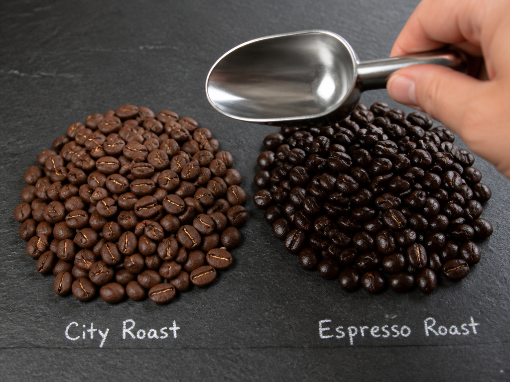 Comparison of City roast and darker espresso roast coffee beans side-by-side.