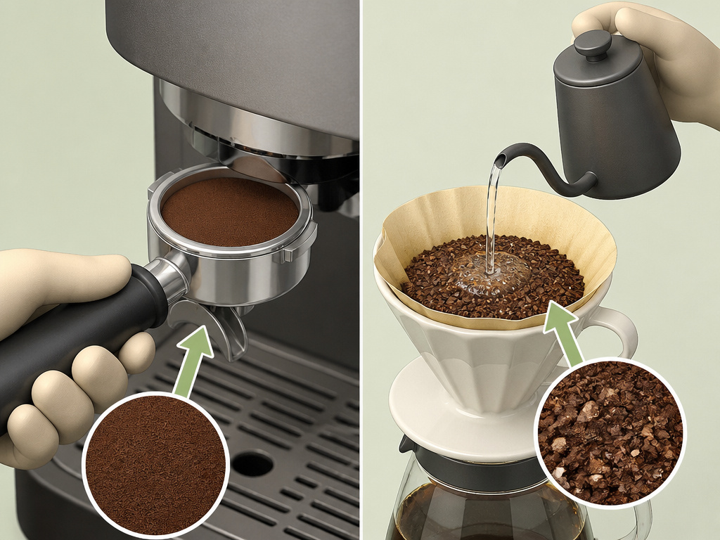Side-by-side diagram comparing espresso and filter coffee grind size and method.