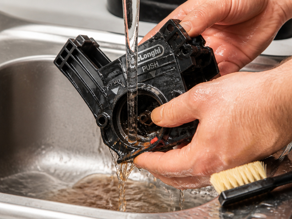 Cleaning the brew group of a De'Longhi coffee machine under running water