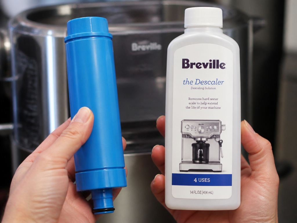 Breville water filter and descaling solution for essential coffee machine maintenance.