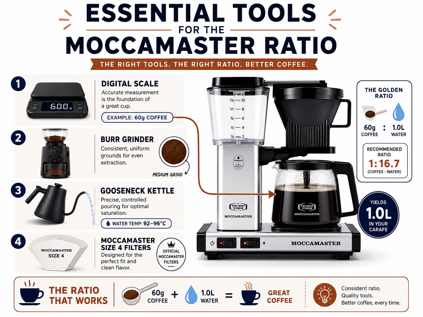 Infographic of essential tools for perfect Moccamaster coffee to water ratio.