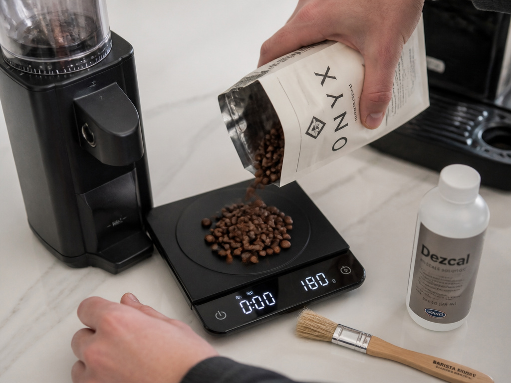 Essential coffee tools: digital scale, burr grinder, cleaning brush, and descaling solution.