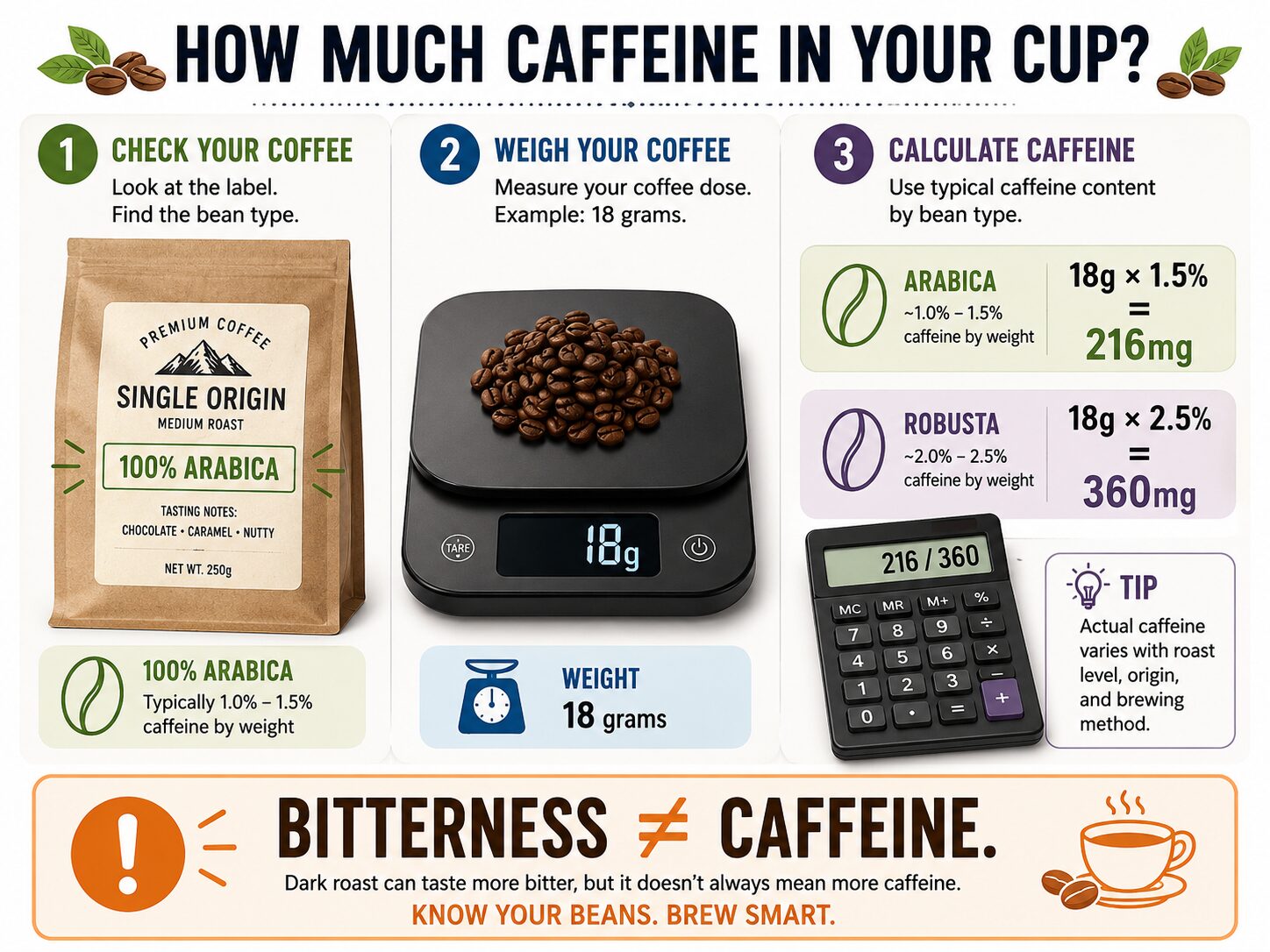 Infographic showing how to calculate caffeine in coffee from bean type and dose.