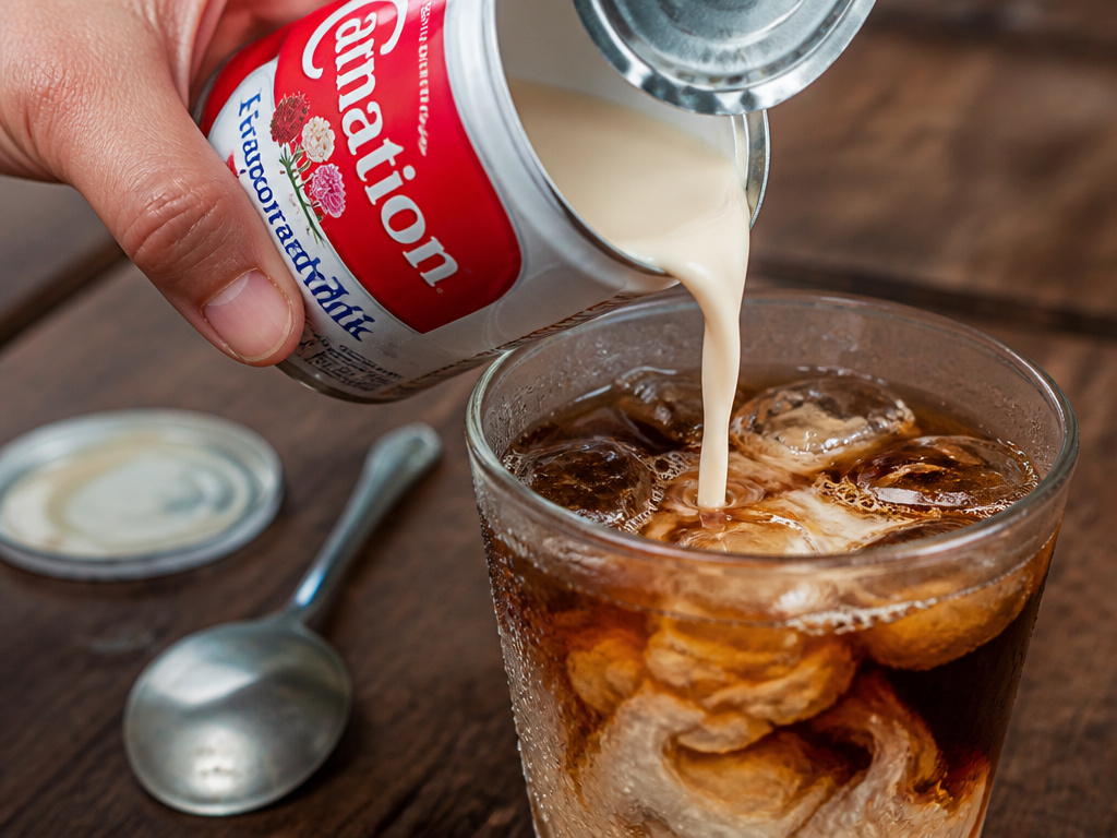 Evaporated milk being poured into a glass of iced cold brew coffee.