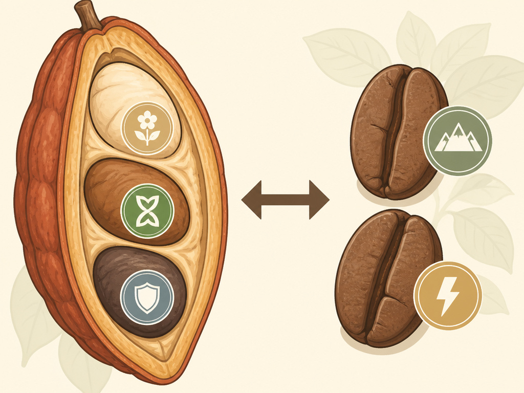 Diagram comparing cocoa bean genetics Criollo Trinitario Forastero to coffee beans Arabica Robusta