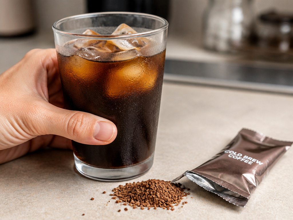 Glass of cold brew instant coffee next to its empty packet and granules.