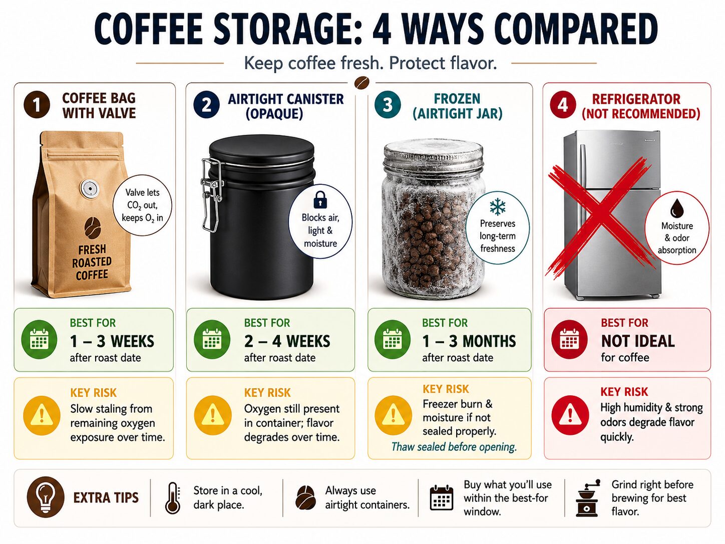 Comparison infographic of freezing ground coffee versus bag, container, and fridge storage.