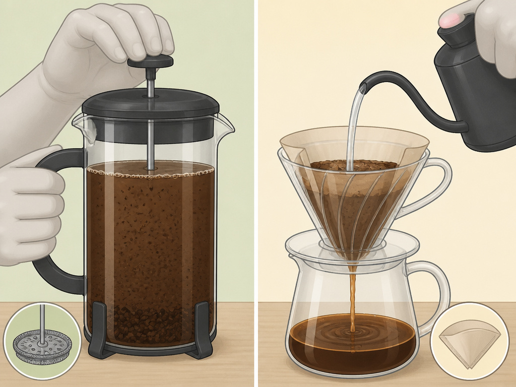 Comparison diagram of French press immersion versus pour-over percolation brewing methods.
