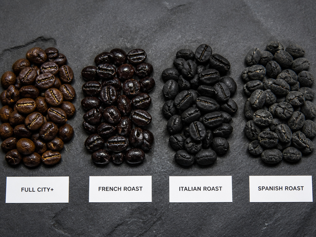 French roast coffee beans compared to other dark roasts like Italian and Spanish.