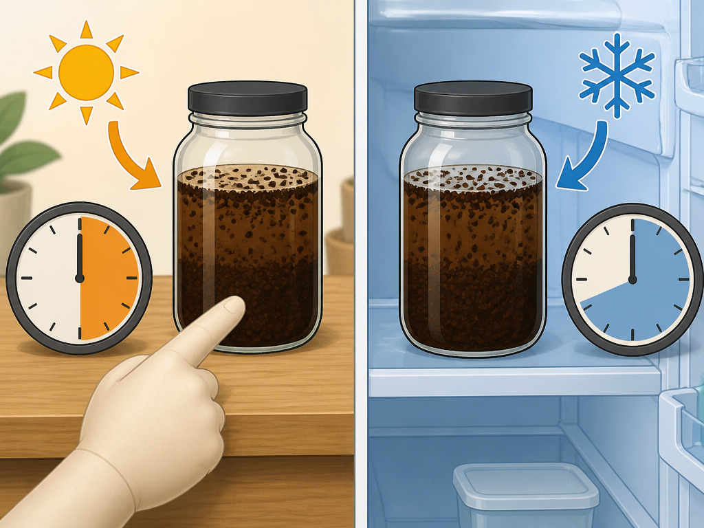 Cold brew coffee steeping comparison: countertop versus refrigerator methods.