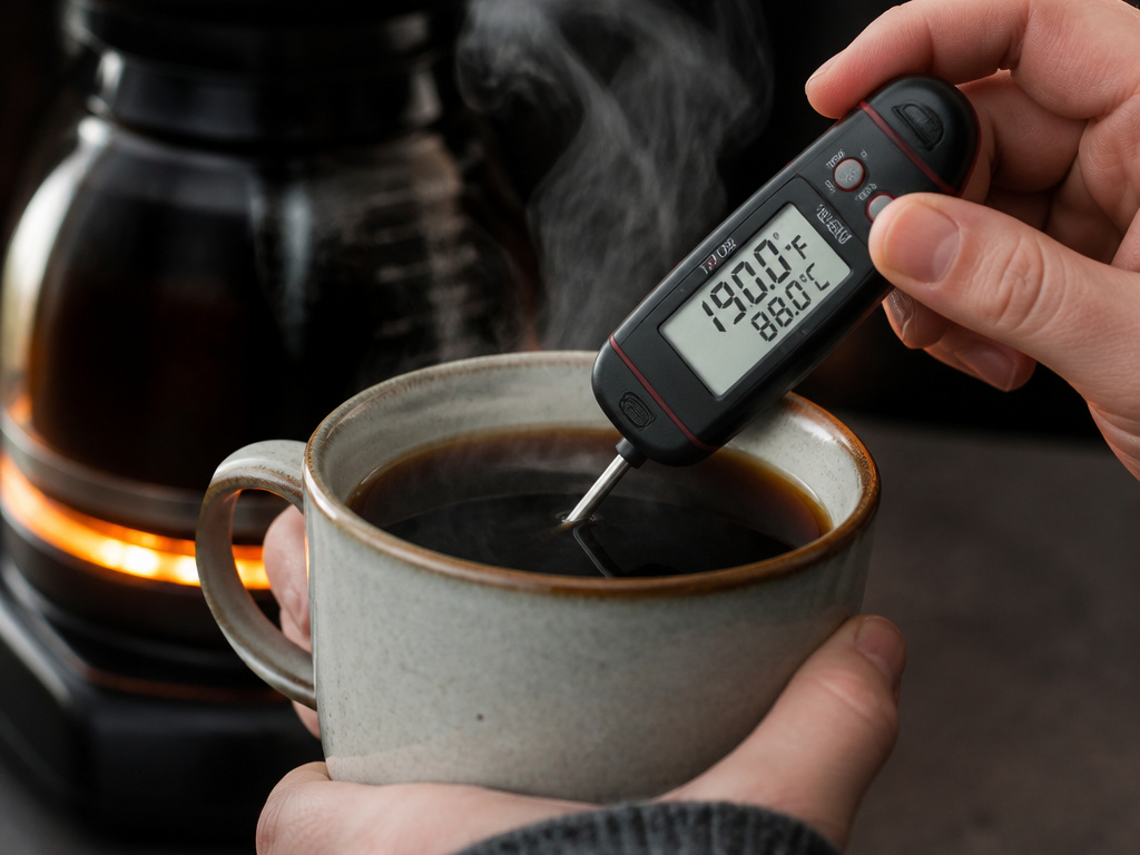 Digital thermometer shows dangerously hot coffee at 190 degrees Fahrenheit.