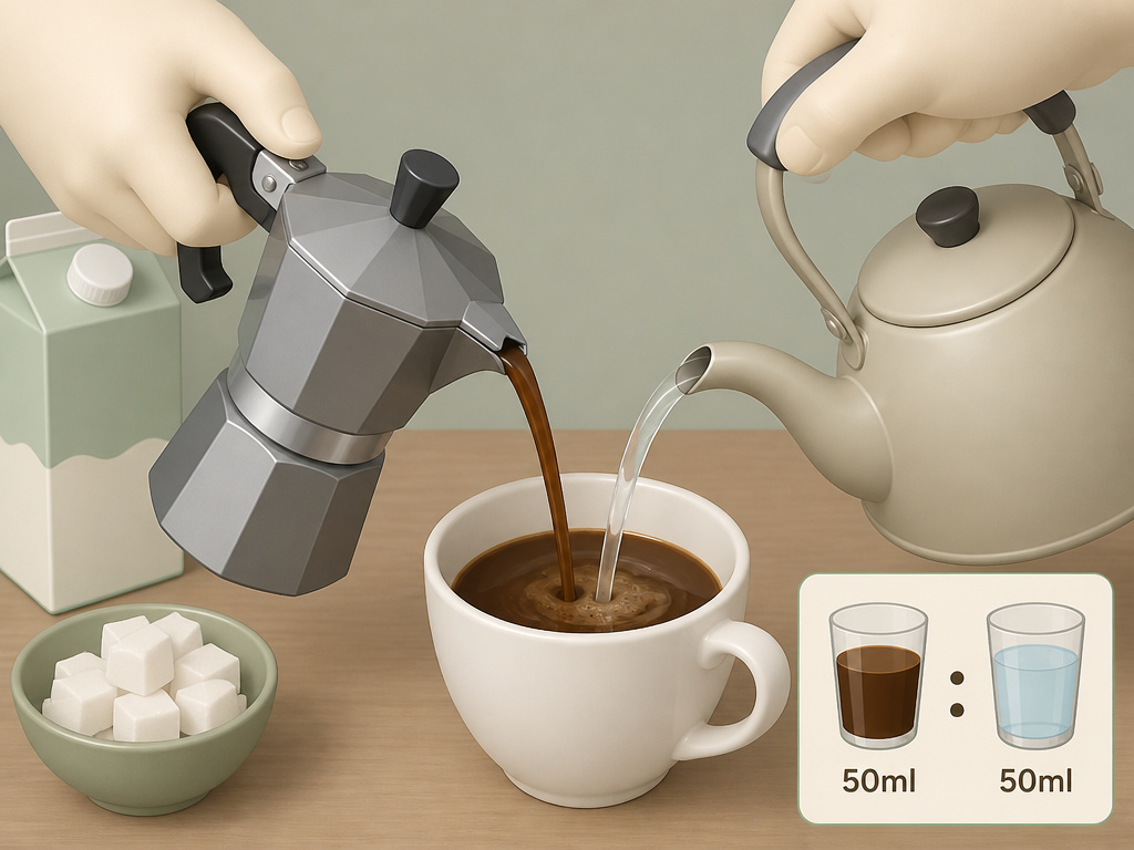 Making an Americano by adding hot water to Moka pot coffee concentrate.