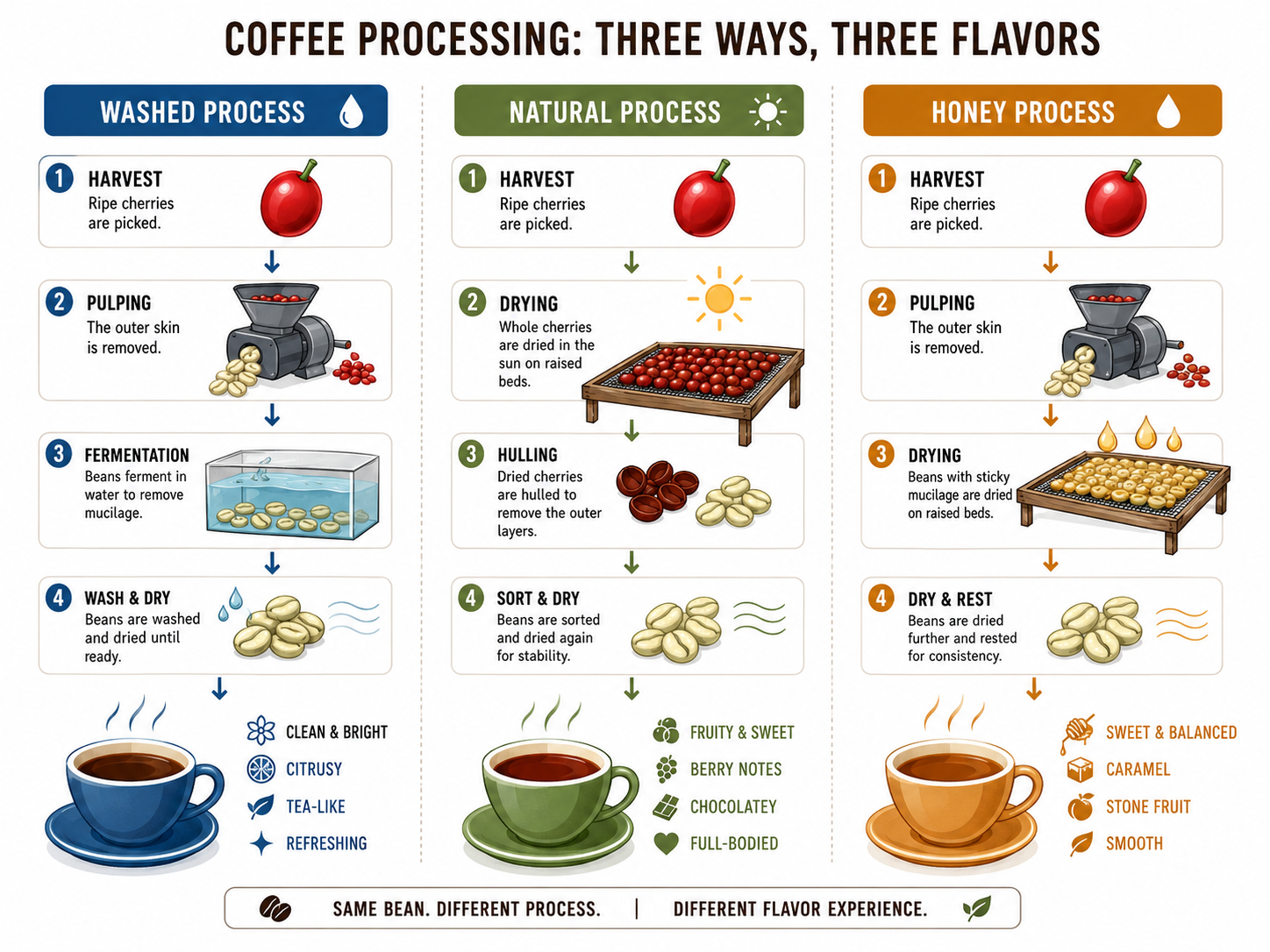 Diagram comparing washed, natural, and honey coffee processing methods.