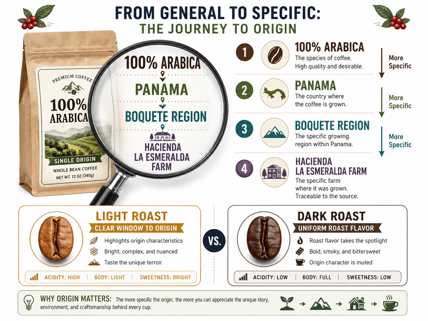 Infographic on reading coffee labels from generic Arabica to specific single-origin farm.