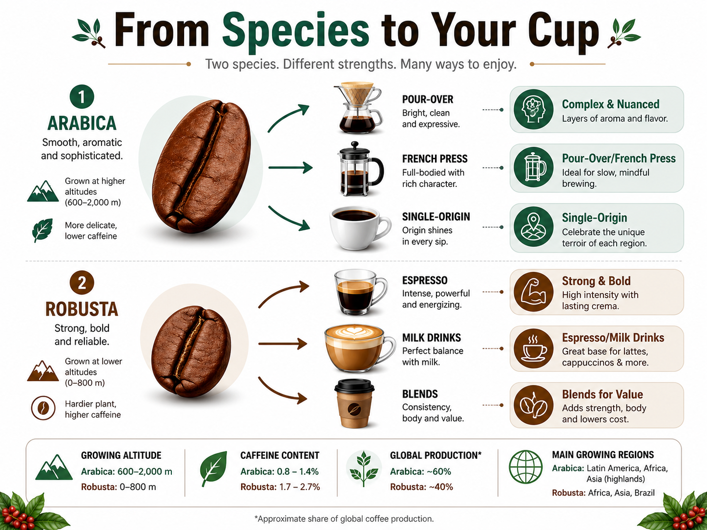 Infographic comparing Arabica and Robusta coffee species flavor profiles and uses.