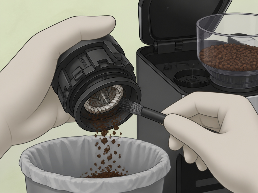 Cleaning the grinder assembly of a Cuisinart grind-and-brew coffee maker after use.