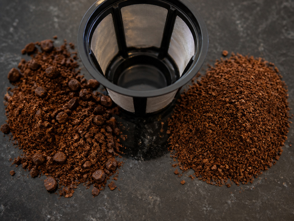 Comparison of inconsistent blade grinder coffee grounds versus uniform burr grinder grounds for a reusable K-cup.