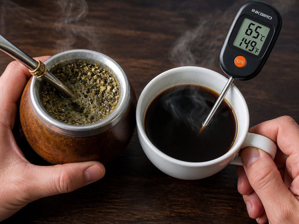 Yerba mate and coffee cups with a thermometer showing the safe drinking temperature of 65°C.
