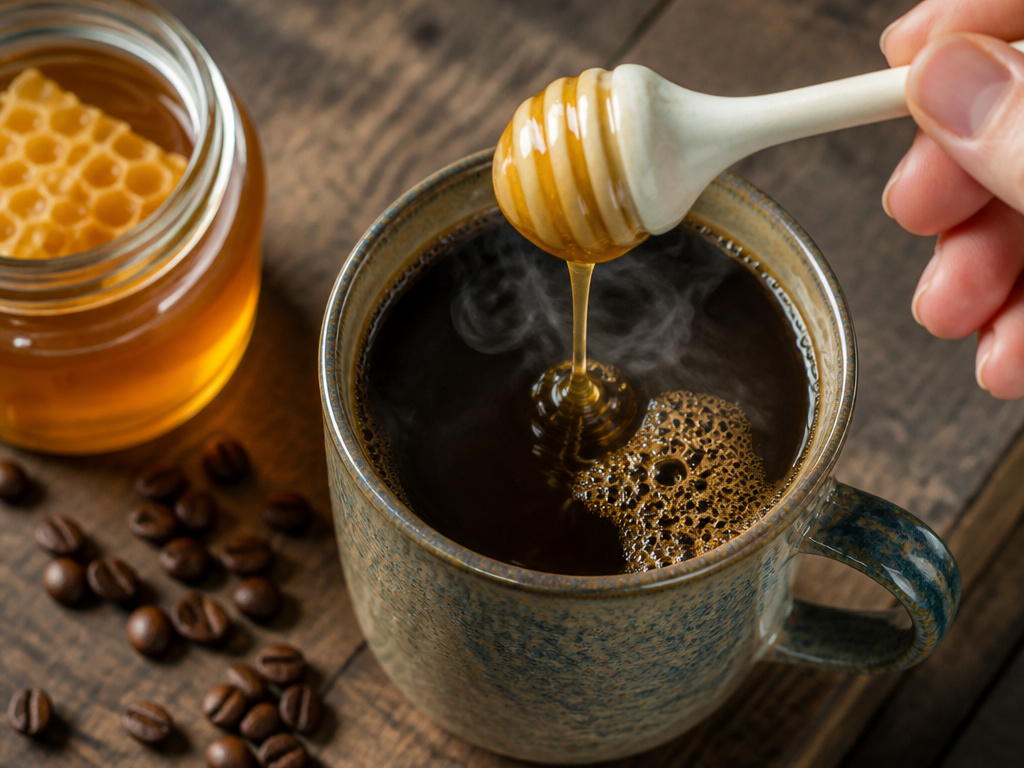 Honey being drizzled from a dipper into a hot cup of black coffee.