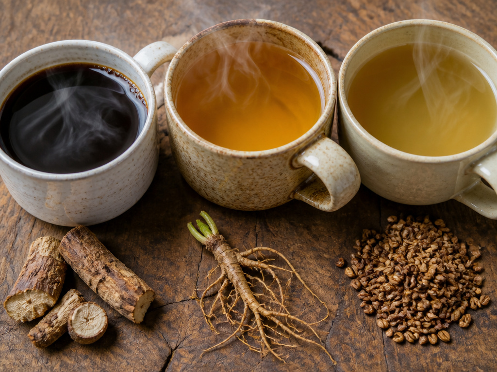 Three mugs of coffee alternatives: chicory, dandelion root, and barley tea.