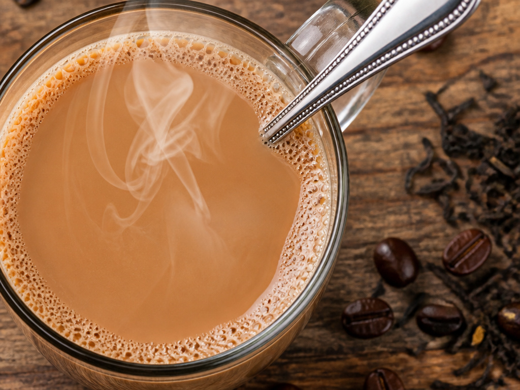 A mixed coffee and tea drink with beans and leaves, illustrating health benefits.