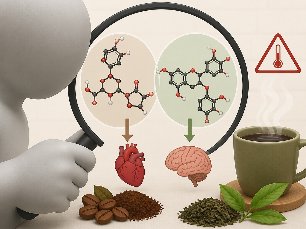 Cartoon comparing coffee and tea antioxidants for heart and brain health benefits.