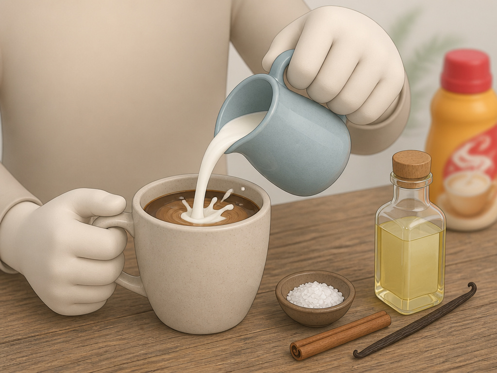 Healthier coffee additives like milk, cinnamon, and vanilla replacing processed creamer.