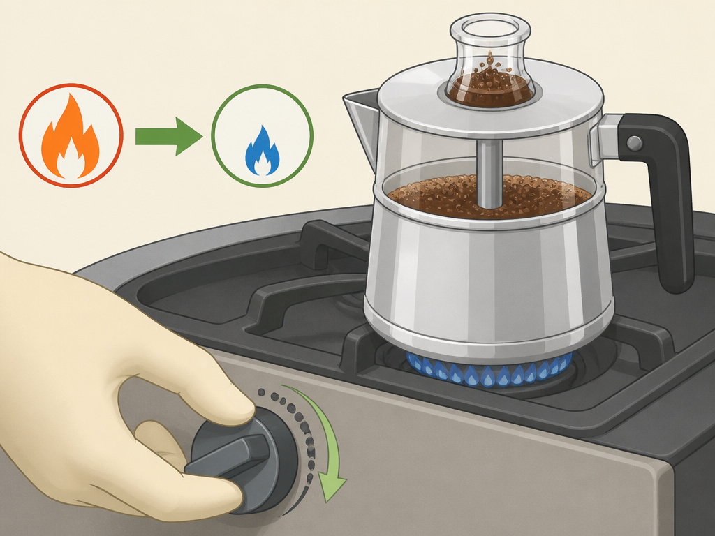Adjusting stovetop heat to maintain a gentle percolator coffee brew cycle.