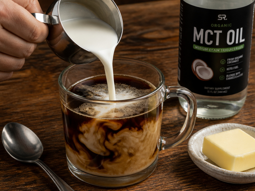 Heavy whipping cream being poured into black coffee for keto bulletproof recipe