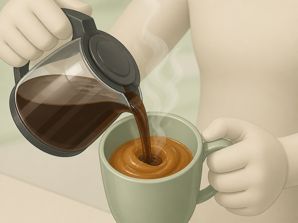 Close-up of pouring hot coffee into a mug of warmed dulce de leche