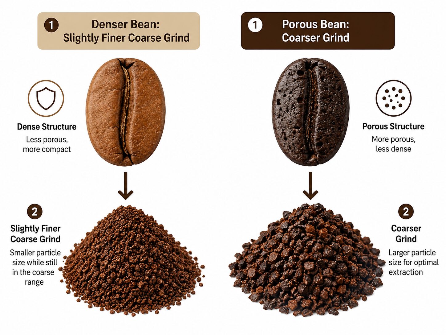 Diagram comparing coarse grind adjustments for light roast vs dark roast coffee beans
