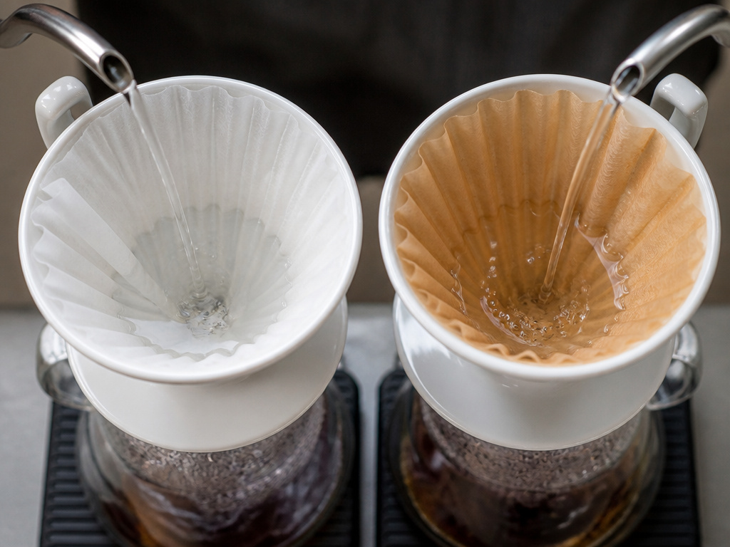 Bleached white and natural brown paper coffee filters being rinsed with hot water.