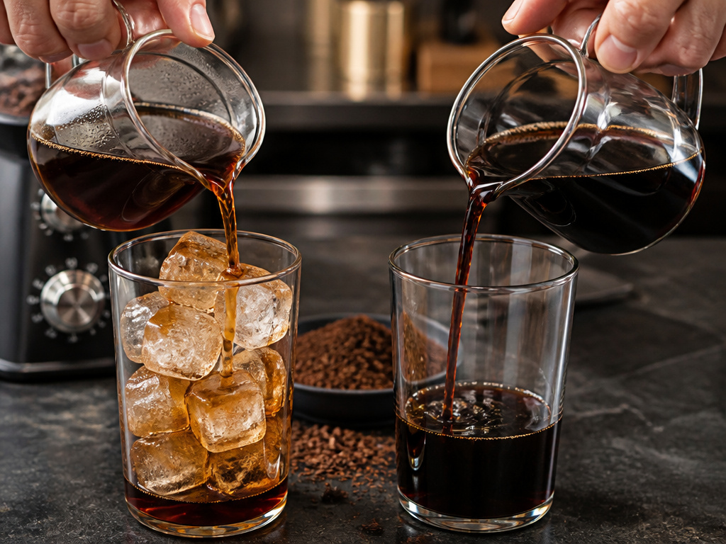 Comparison of hot coffee over ice versus cold brew concentrate pouring