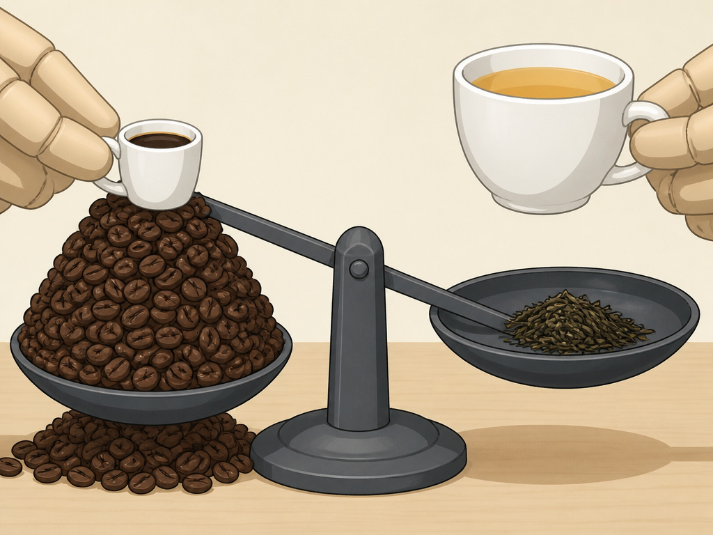 Diagram comparing coffee bean to tea leaf volume needed per brewed cup.