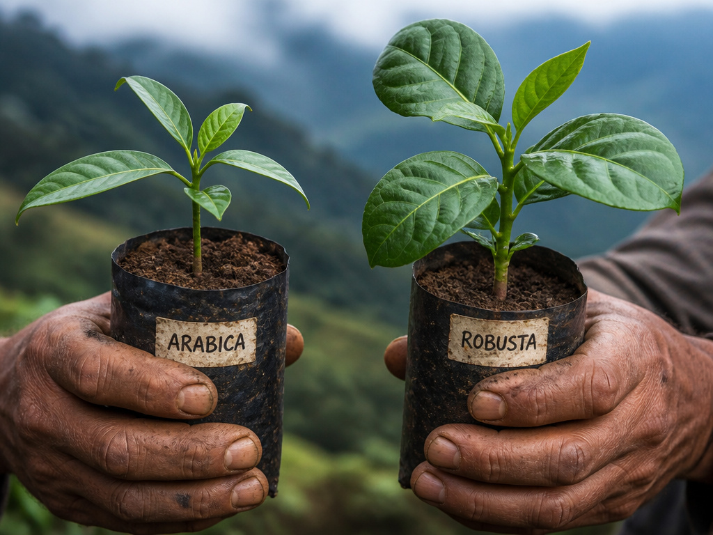 Farmer comparing Arabica and Robusta coffee seedlings for climate resilience.