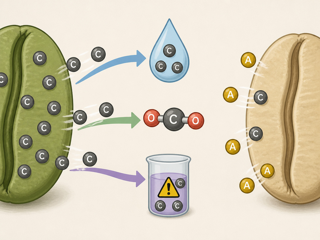 Diagram comparing how three decaffeination methods remove caffeine and acids from coffee beans.
