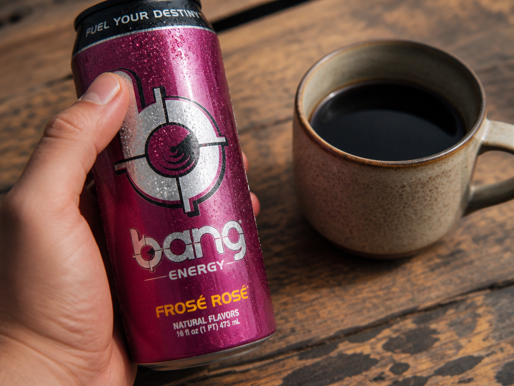 Energy drink can next to coffee mug comparing caffeine sources visually.