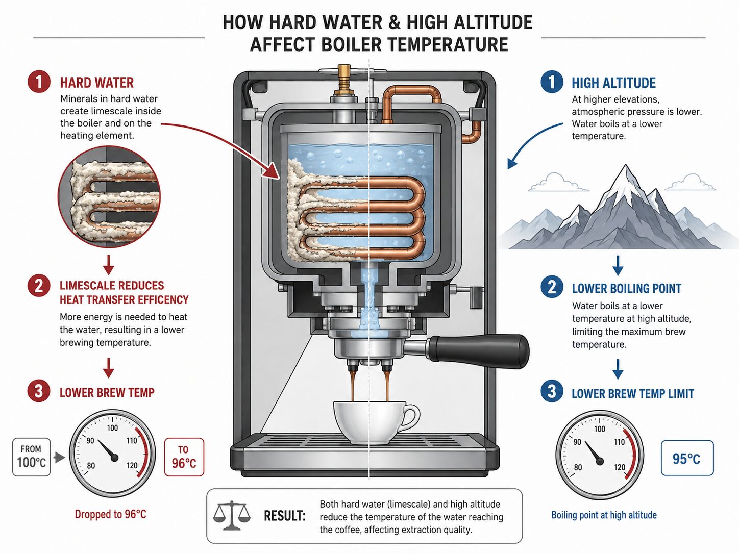 Diagram showing how water hardness and altitude affect coffee machine temperature and calibration.